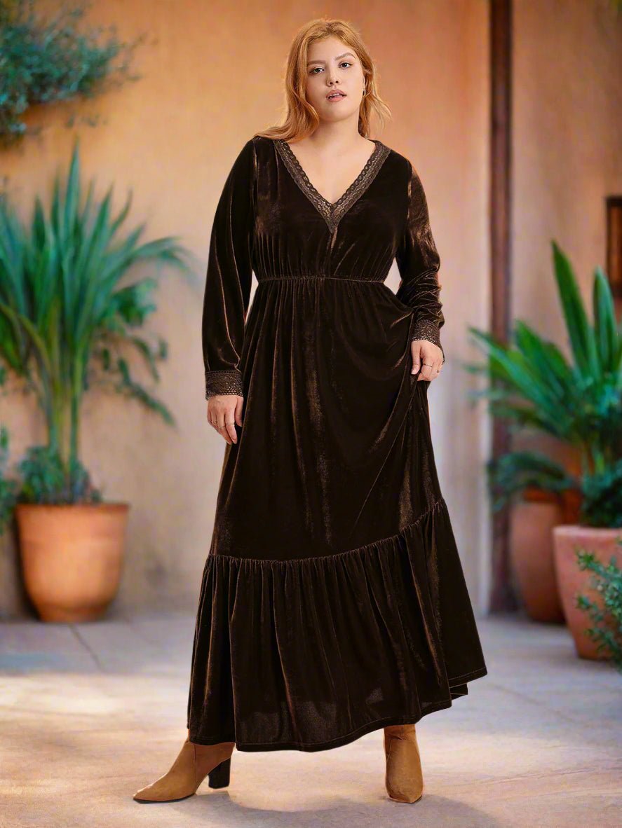 Beach Rose Co. - Plus Size Dark Brown Long Sleeve Velvet Maxi Dress