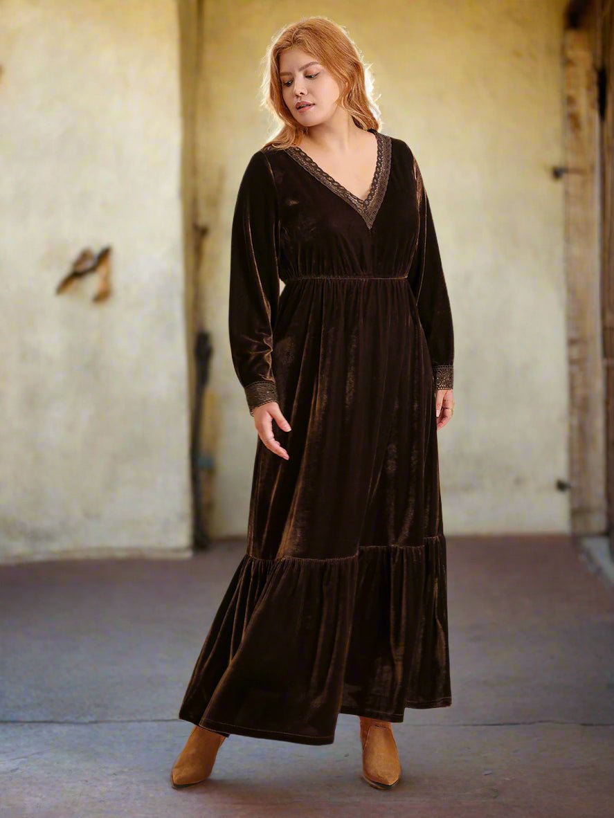 Beach Rose Co. - Plus Size Dark Brown Long Sleeve Velvet Maxi Dress