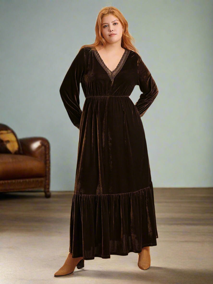 Beach Rose Co. - Plus Size Dark Brown Long Sleeve Velvet Maxi Dress