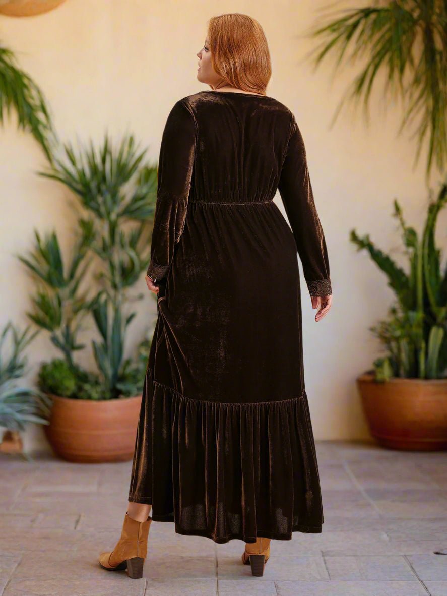 Beach Rose Co. - Plus Size Dark Brown Long Sleeve Velvet Maxi Dress