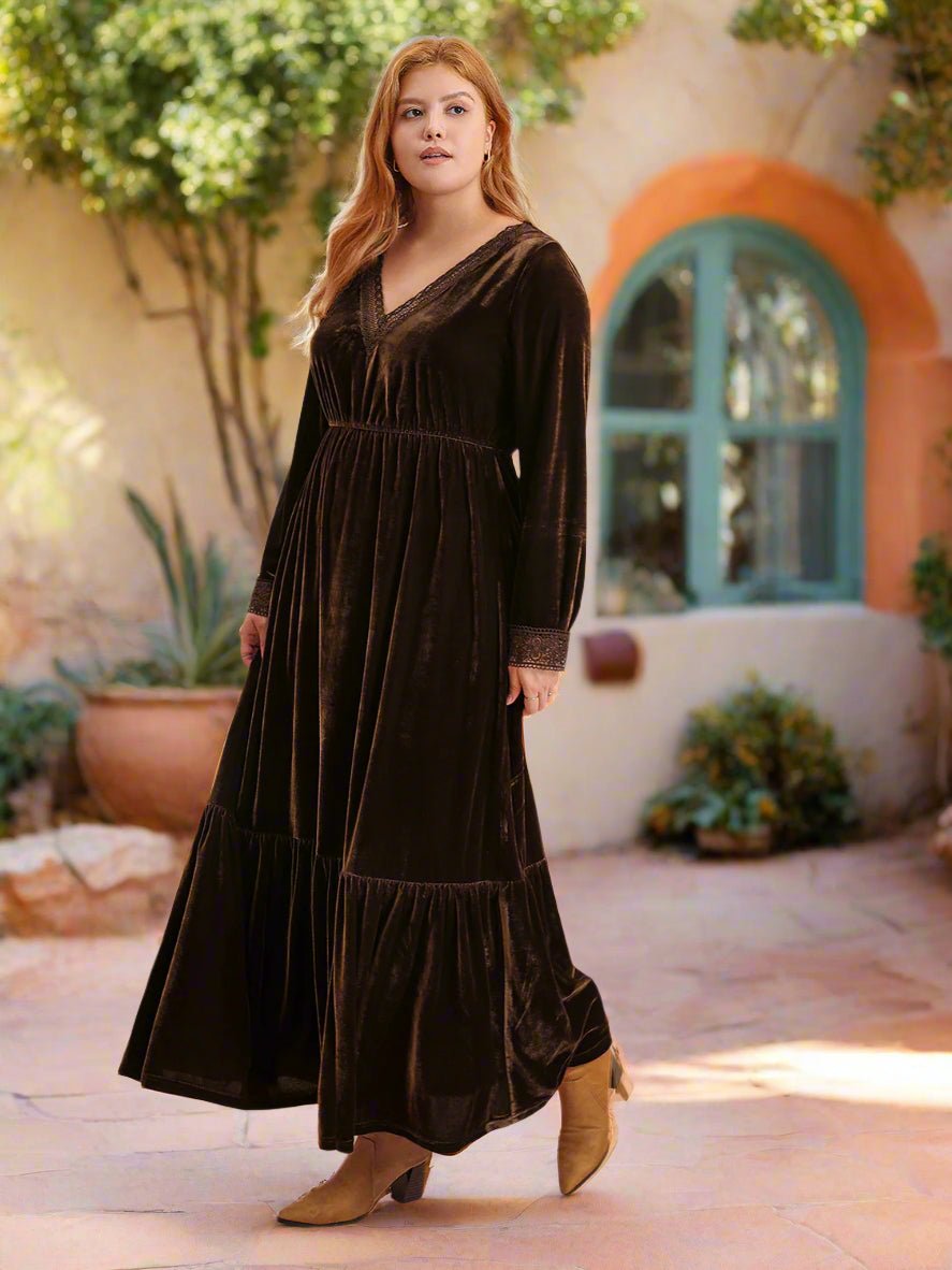 Beach Rose Co. - Plus Size Dark Brown Long Sleeve Velvet Maxi Dress