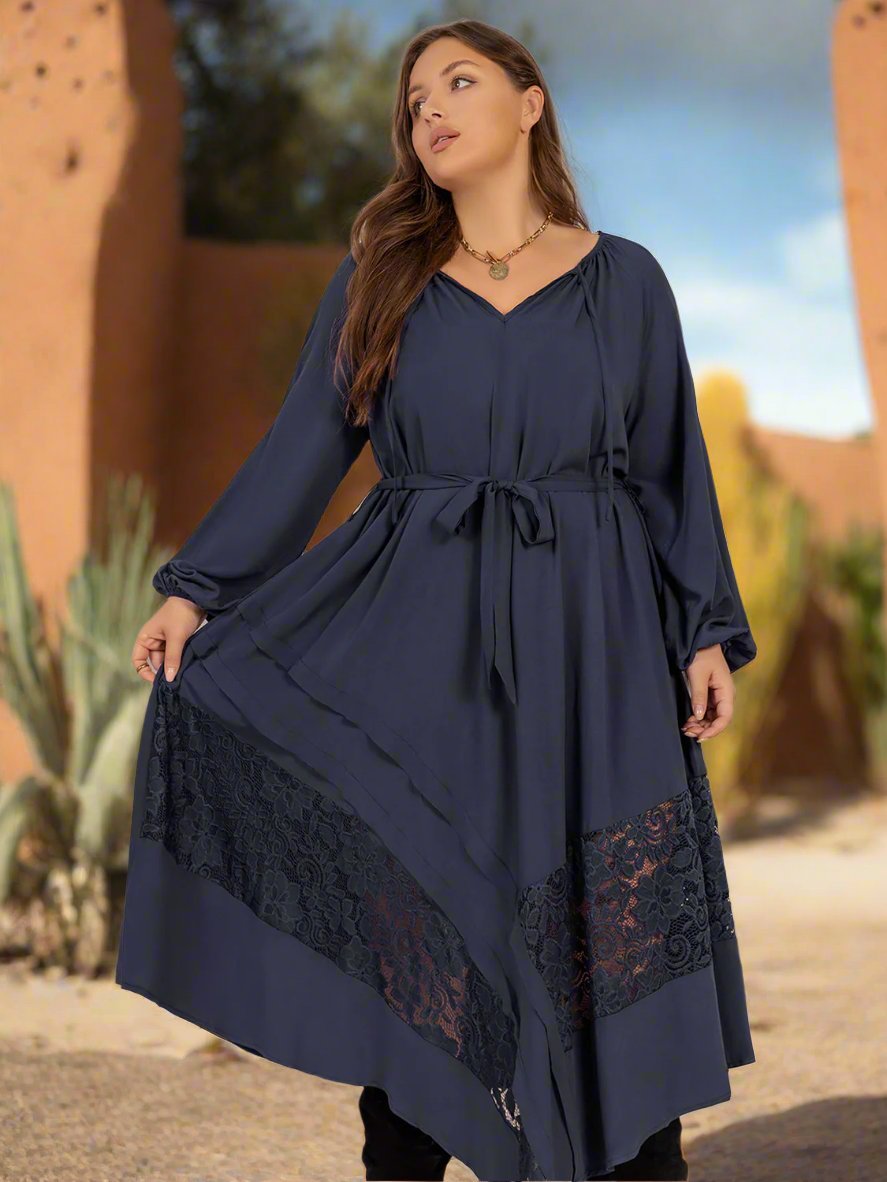 Beach Rose Co. - Plus Size Dark Navy Lace Detail Long Sleeve Midi Dress