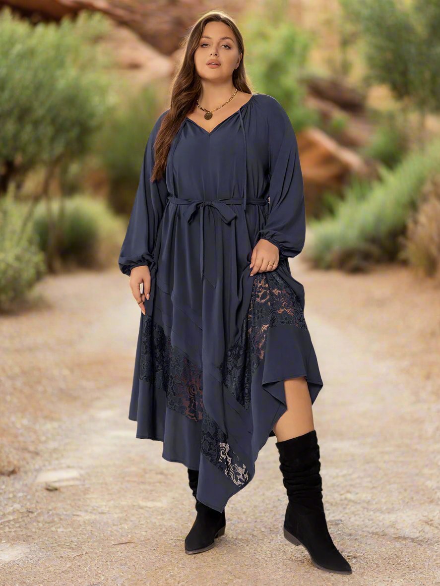 Beach Rose Co. - Plus Size Dark Navy Lace Detail Long Sleeve Midi Dress