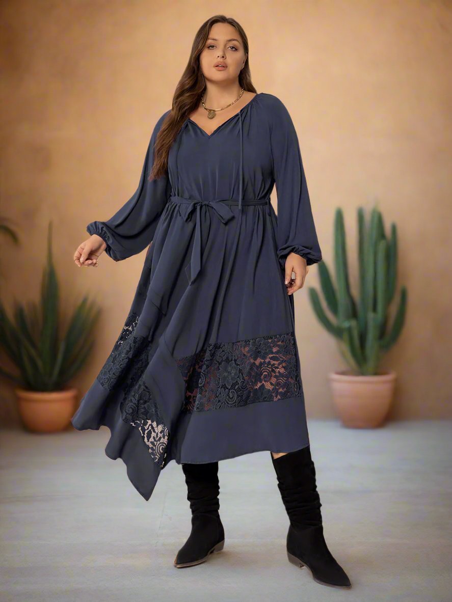 Beach Rose Co. - Plus Size Dark Navy Lace Detail Long Sleeve Midi Dress