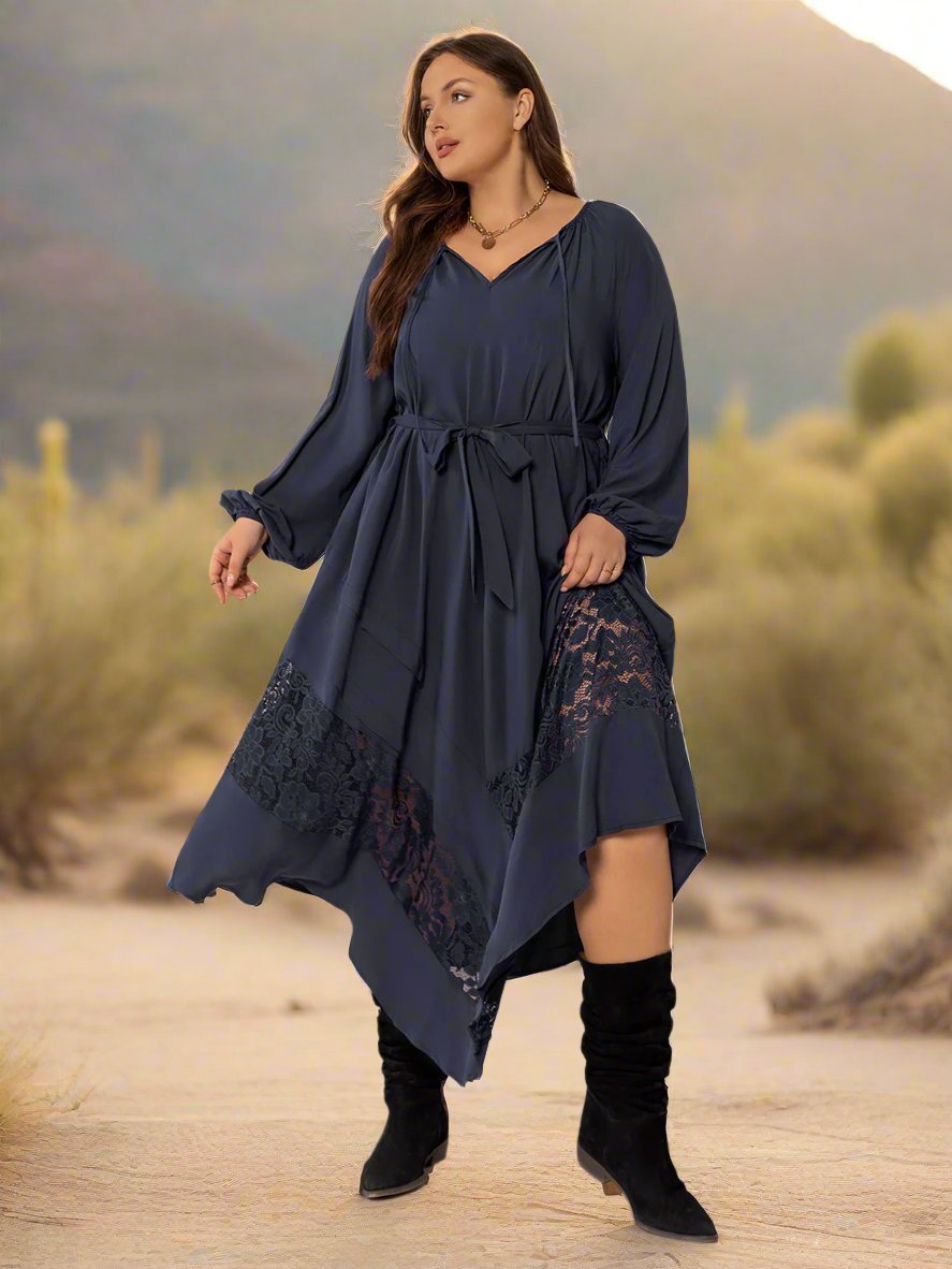 Beach Rose Co. - Plus Size Dark Navy Lace Detail Long Sleeve Midi Dress