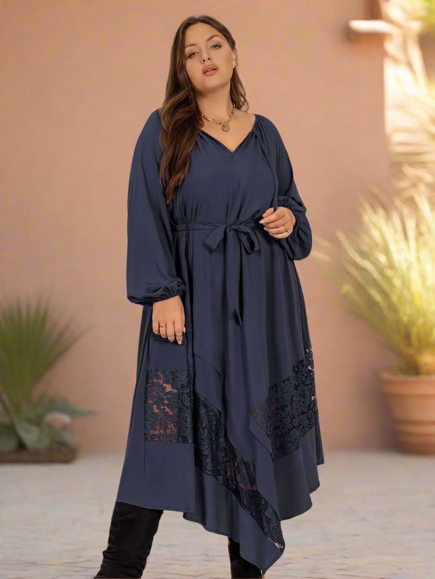 Beach Rose Co. - Plus Size Dark Navy Lace Detail Long Sleeve Midi Dress