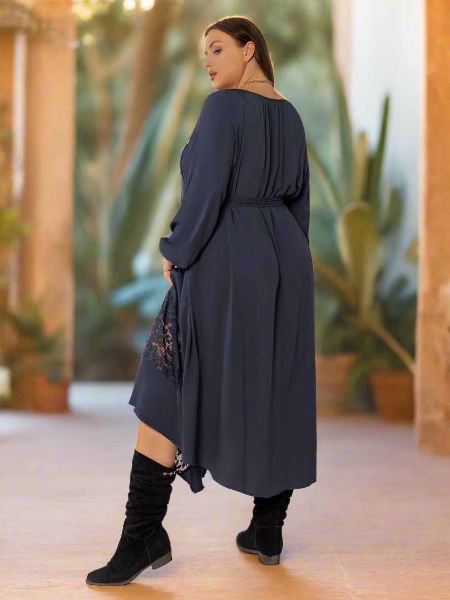 Beach Rose Co. - Plus Size Dark Navy Lace Detail Long Sleeve Midi Dress