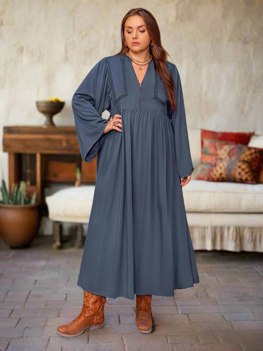 Beach Rose Co. - Plus Size Dusty Blue Long Sleeve Midi Dress