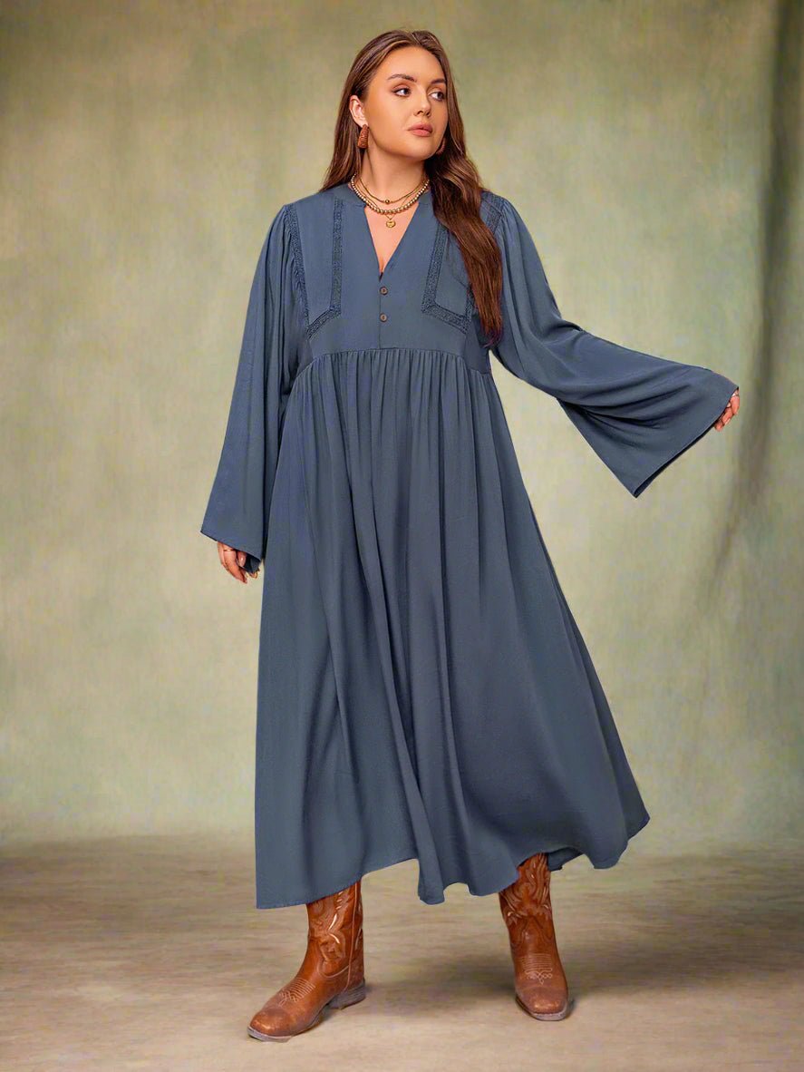 Beach Rose Co. - Plus Size Dusty Blue Long Sleeve Midi Dress