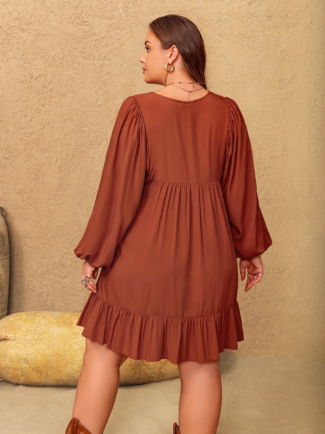 Beach Rose Co. - Plus Size Embroidered Babydoll Mini Dress in Terracotta