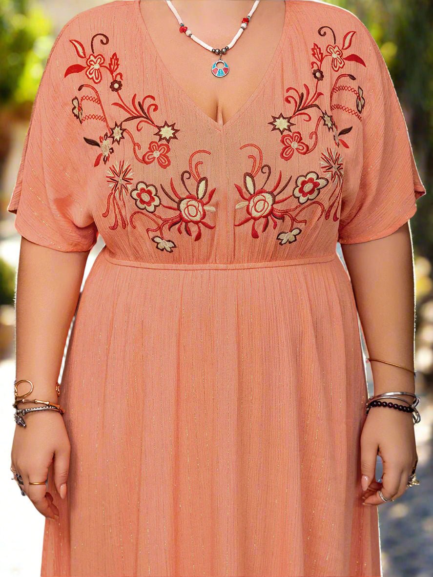 Beach Rose Co. - Plus Size Embroidered Half Sleeve Maxi Dress in Coral