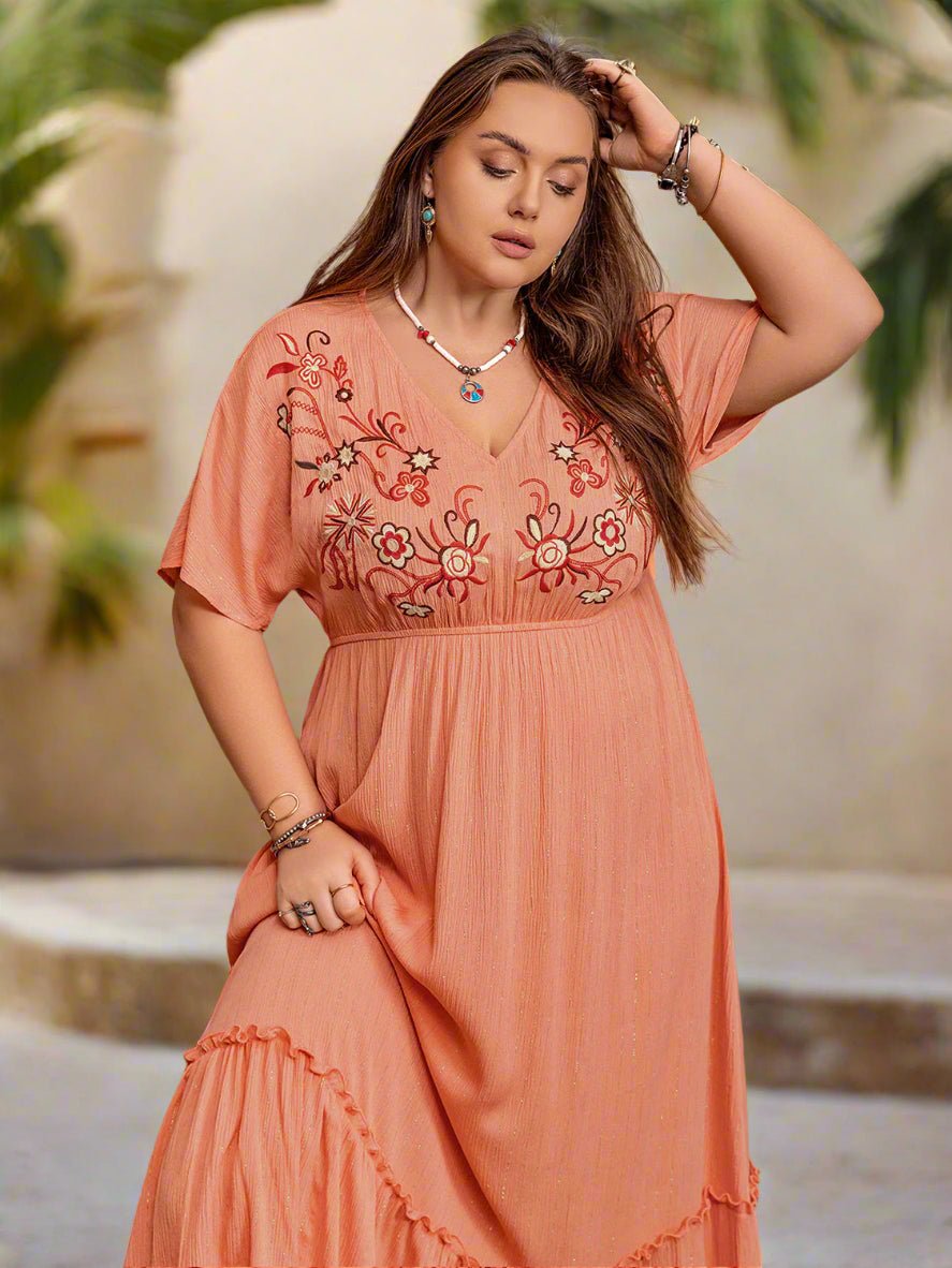 Beach Rose Co. - Plus Size Embroidered Half Sleeve Maxi Dress in Coral