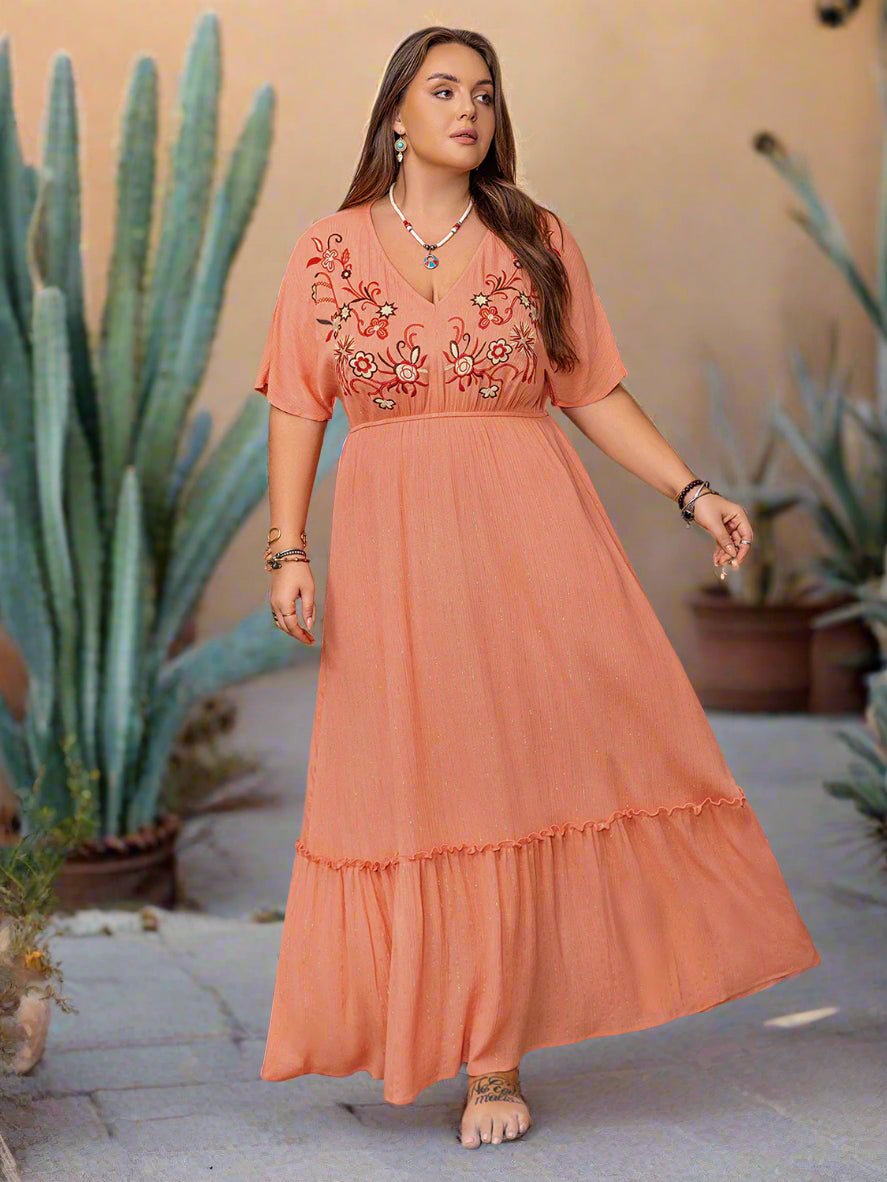 Beach Rose Co. - Plus Size Embroidered Half Sleeve Maxi Dress in Coral