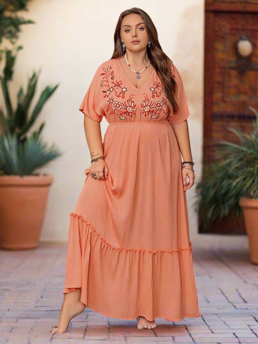 Beach Rose Co. - Plus Size Embroidered Half Sleeve Maxi Dress in Coral