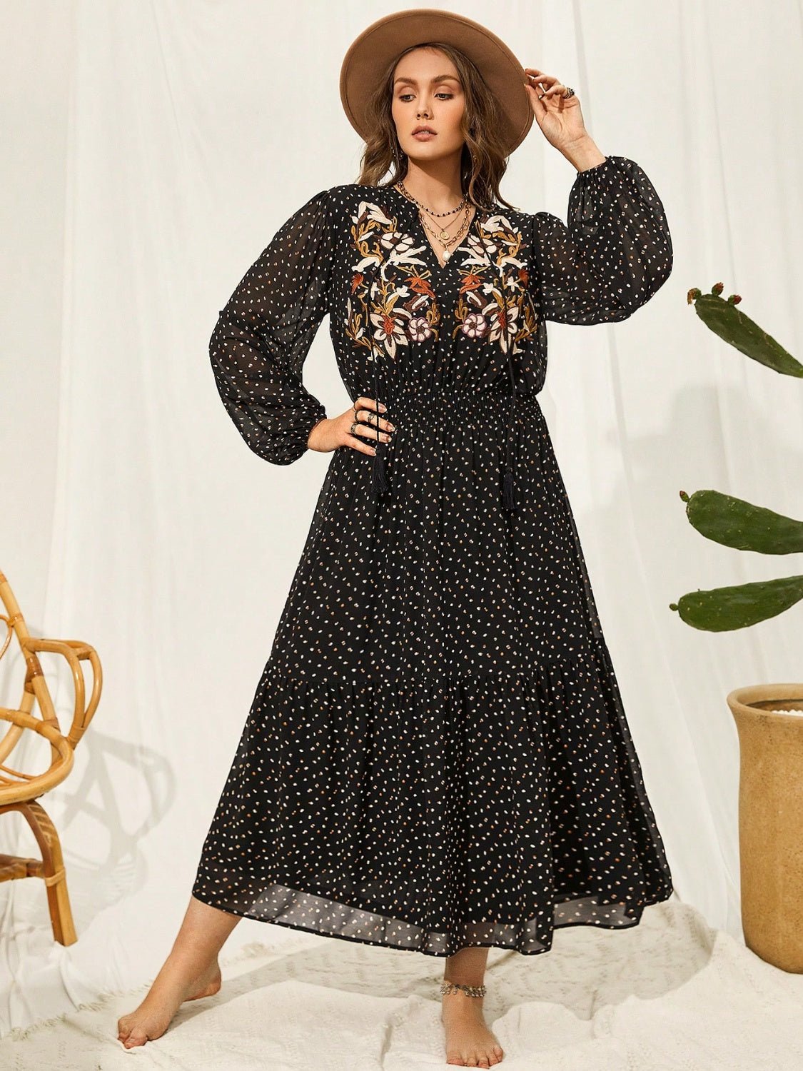 Beach Rose Co. - Plus Size Embroidered Tassel Balloon Sleeve Maxi Dress in Black