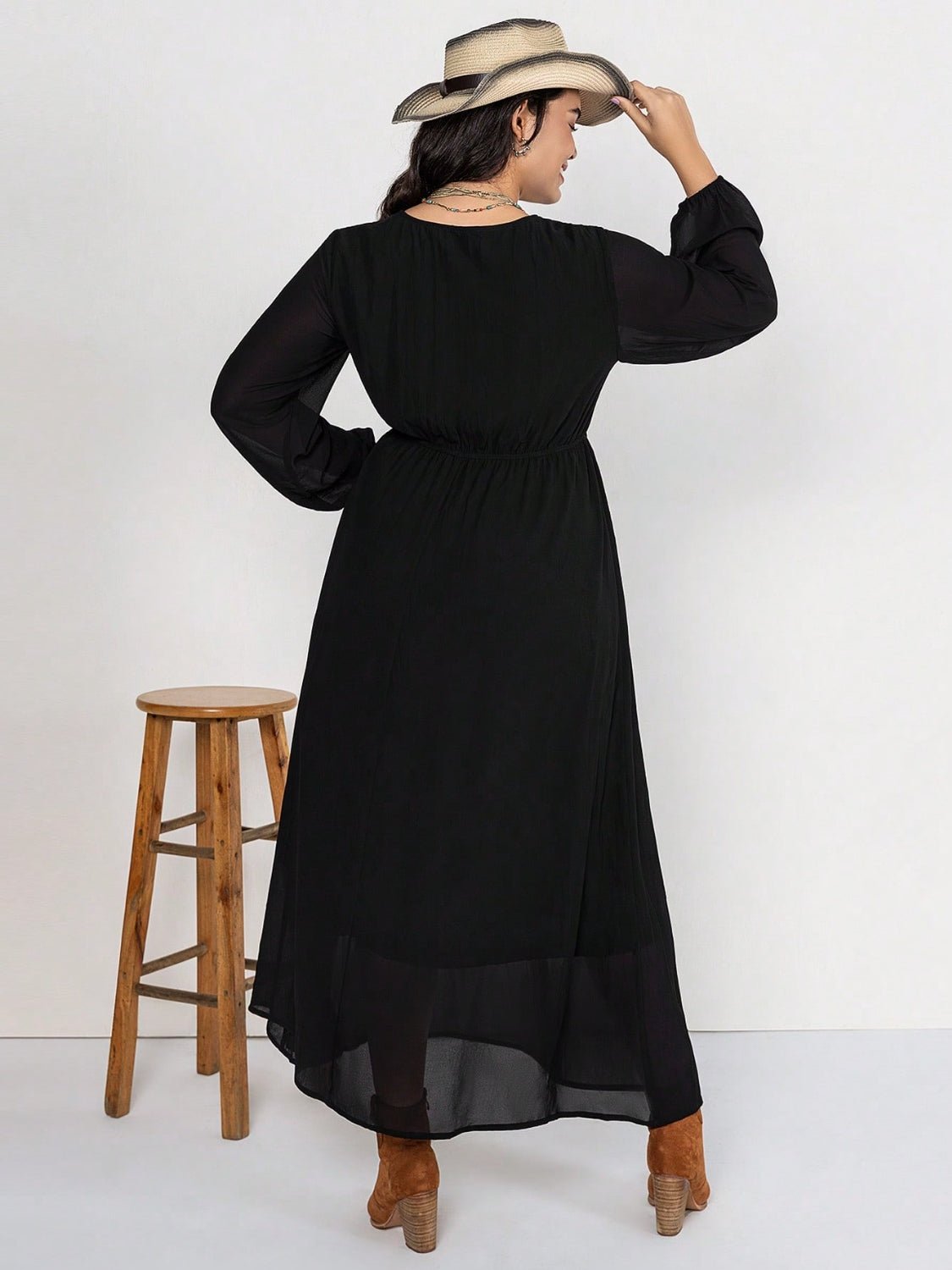 Beach Rose Co. - Plus Size Embroidered Tie Neck Long Sleeve Maxi Dress