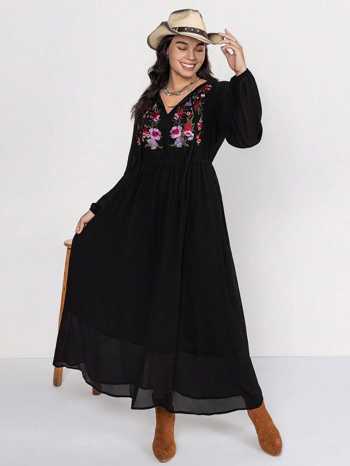 Beach Rose Co. - Plus Size Embroidered Tie Neck Long Sleeve Maxi Dress