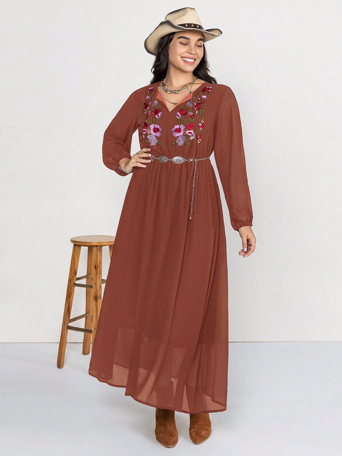 Beach Rose Co. - Plus Size Embroidered Tie Neck Long Sleeve Maxi Dress