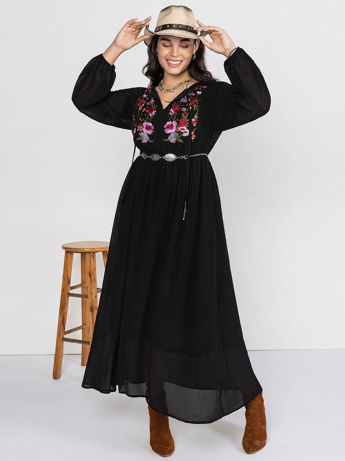 Beach Rose Co. - Plus Size Embroidered Tie Neck Long Sleeve Maxi Dress