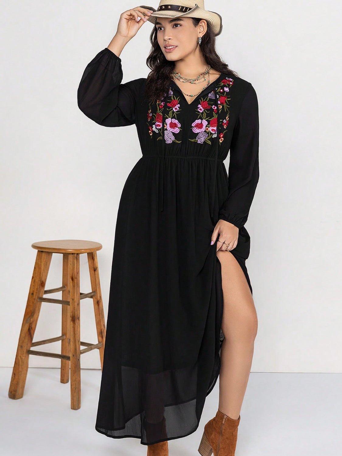 Beach Rose Co. - Plus Size Embroidered Tie Neck Long Sleeve Maxi Dress