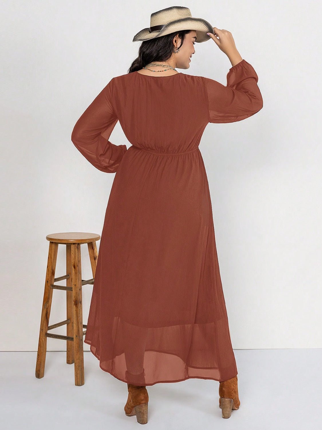 Beach Rose Co. - Plus Size Embroidered Tie Neck Long Sleeve Maxi Dress