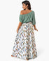 Beach Rose Co. plus size one-shoulder dress with a sage green bodice and a white skirt featuring a colorful leaf print.
