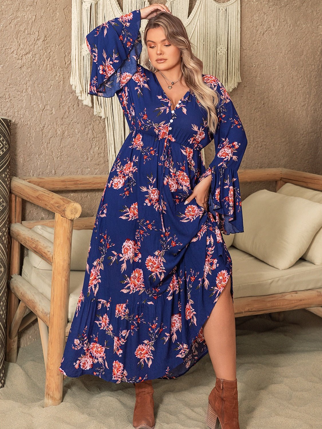 Beach Rose Co. - Plus Size Floral Print Half Button Flare Sleeve Maxi Dress