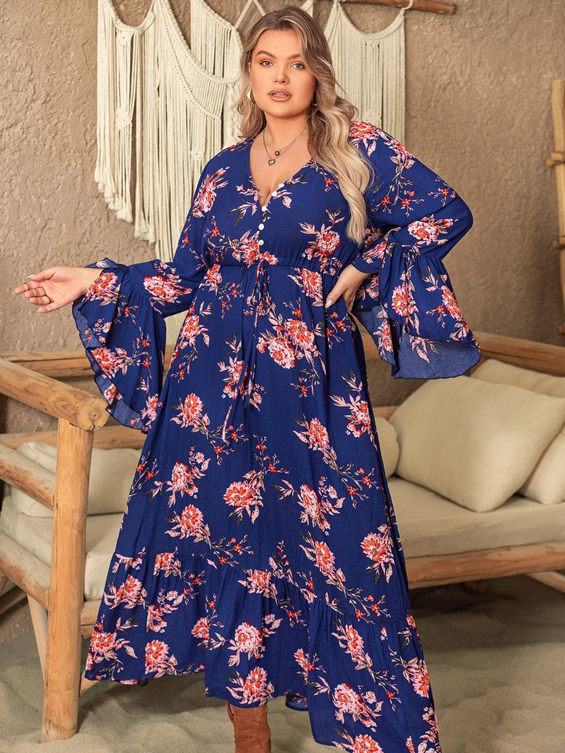 Beach Rose Co. - Plus Size Floral Print Half Button Flare Sleeve Maxi Dress