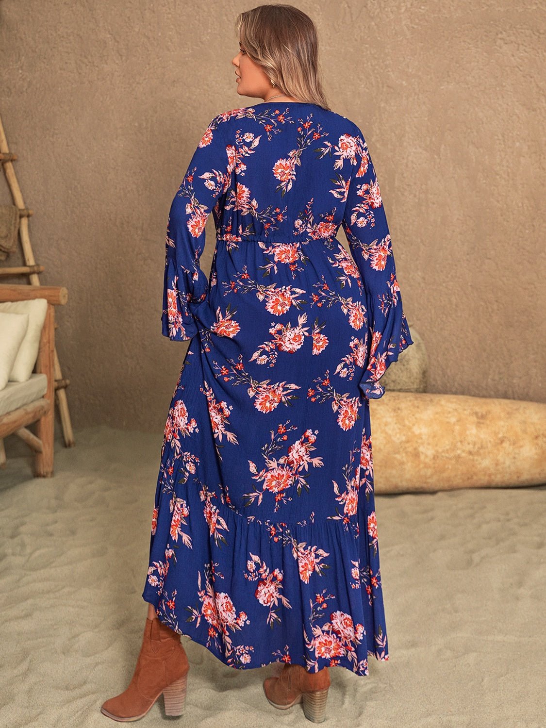 Beach Rose Co. - Plus Size Floral Print Half Button Flare Sleeve Maxi Dress