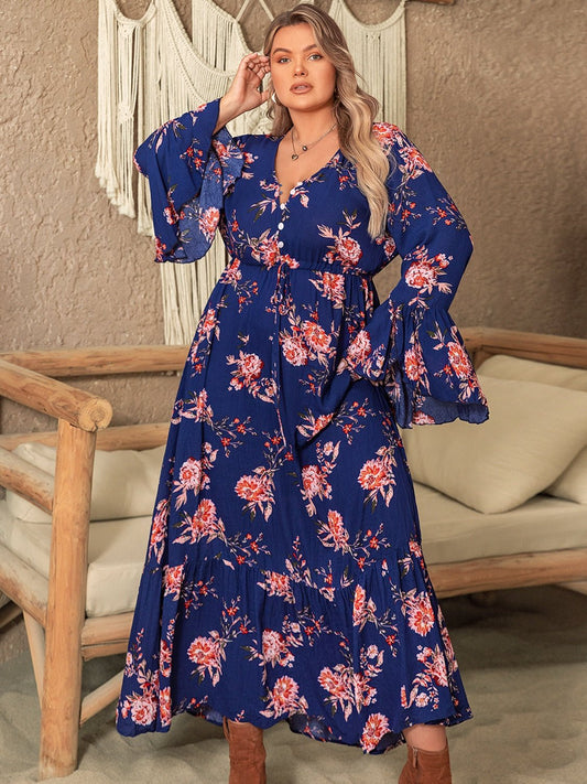 Beach Rose Co. - Plus Size Floral Print Half Button Flare Sleeve Maxi Dress