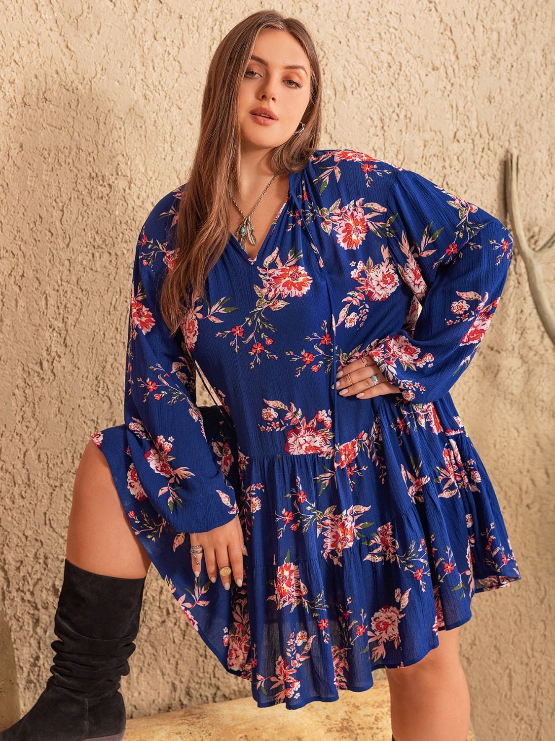 Beach Rose Co. - Plus Size Floral Print Long Sleeve Mini Dress in Dark Blue