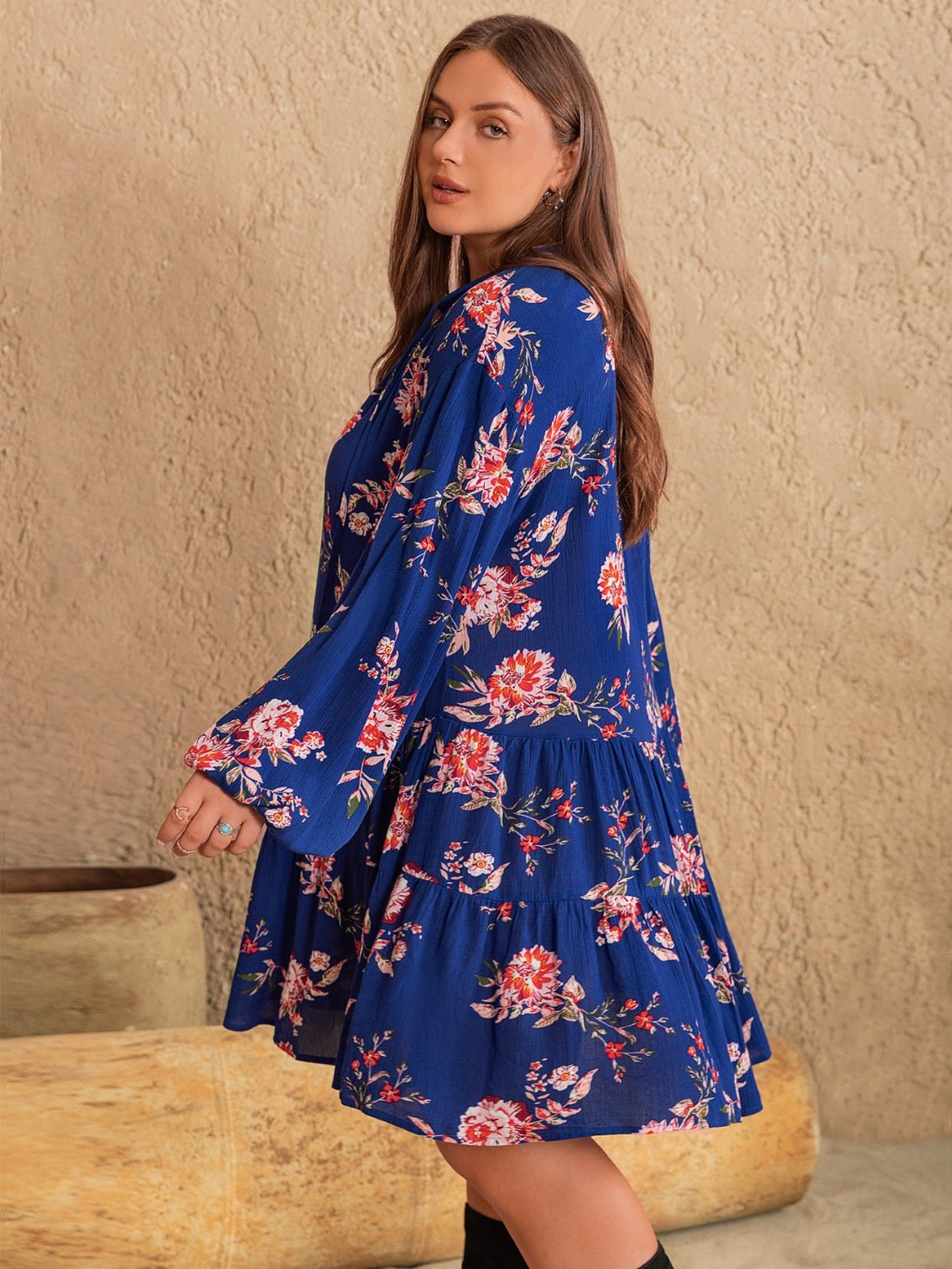 Beach Rose Co. - Plus Size Floral Print Long Sleeve Mini Dress in Dark Blue