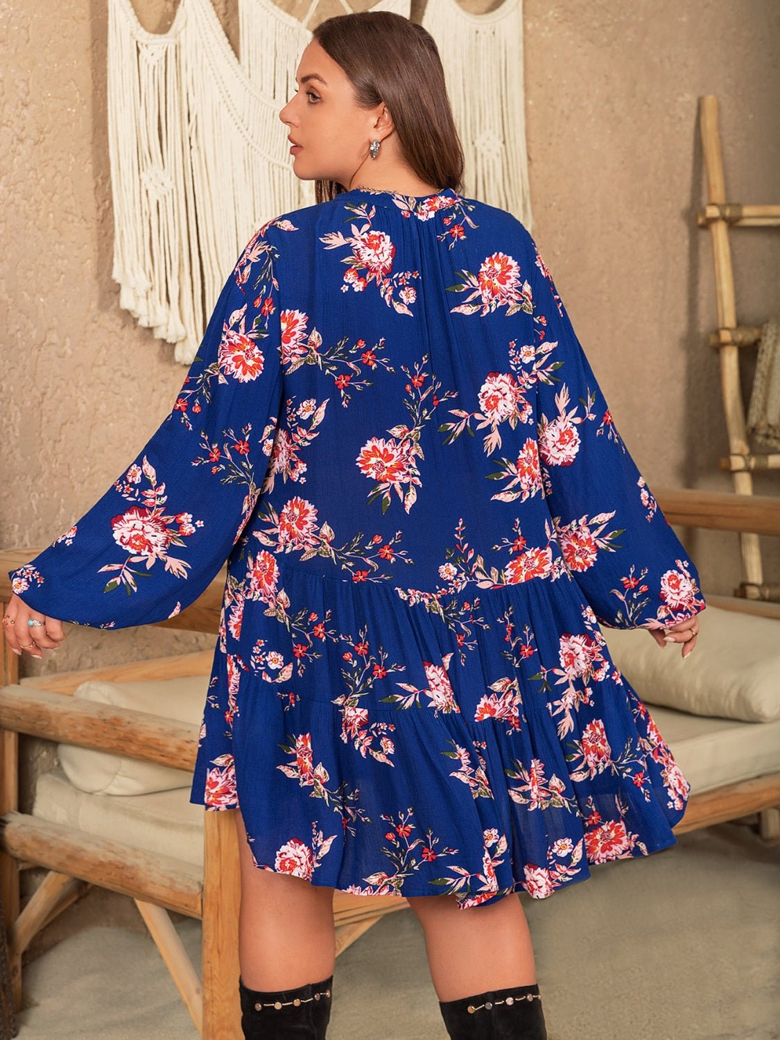 Beach Rose Co. - Plus Size Floral Print Long Sleeve Mini Dress in Dark Blue