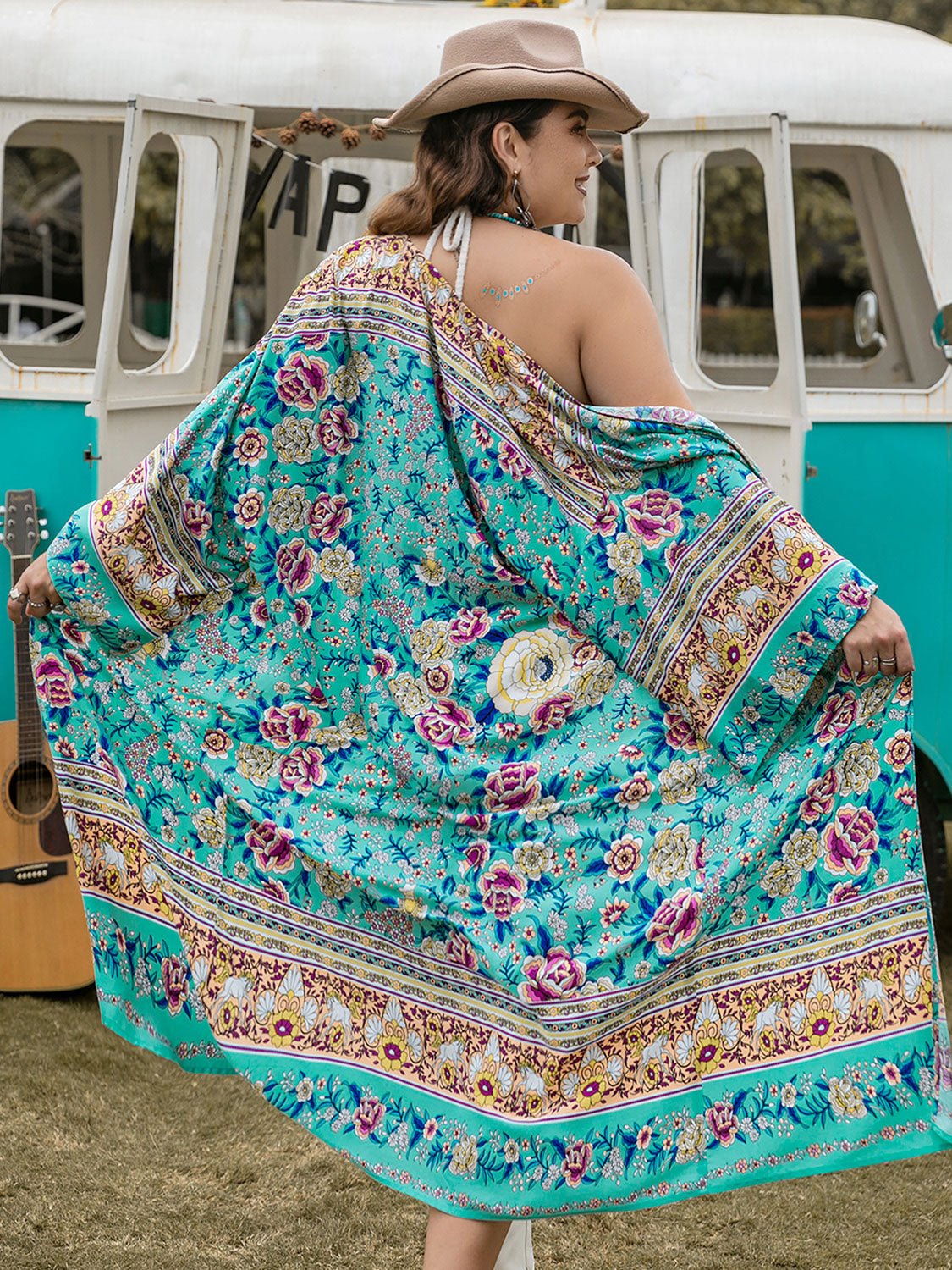 Beach Rose Co. - Plus Size Floral Print Open Front Longline Kimono