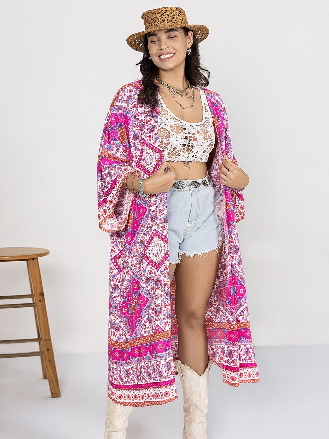 Beach Rose Co. - Plus Size Floral Print Open Front Longline Kimono