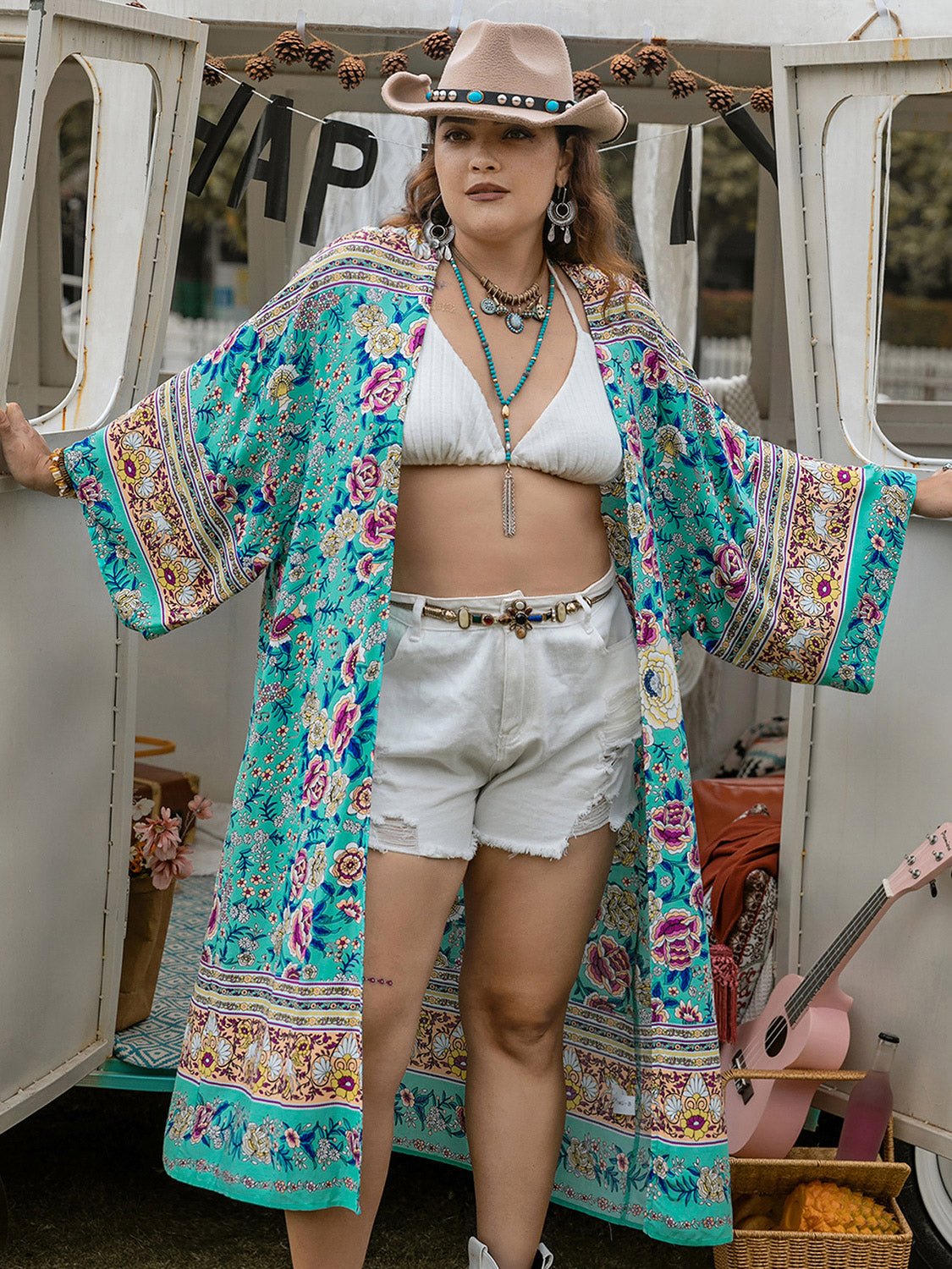 Beach Rose Co. - Plus Size Floral Print Open Front Longline Kimono