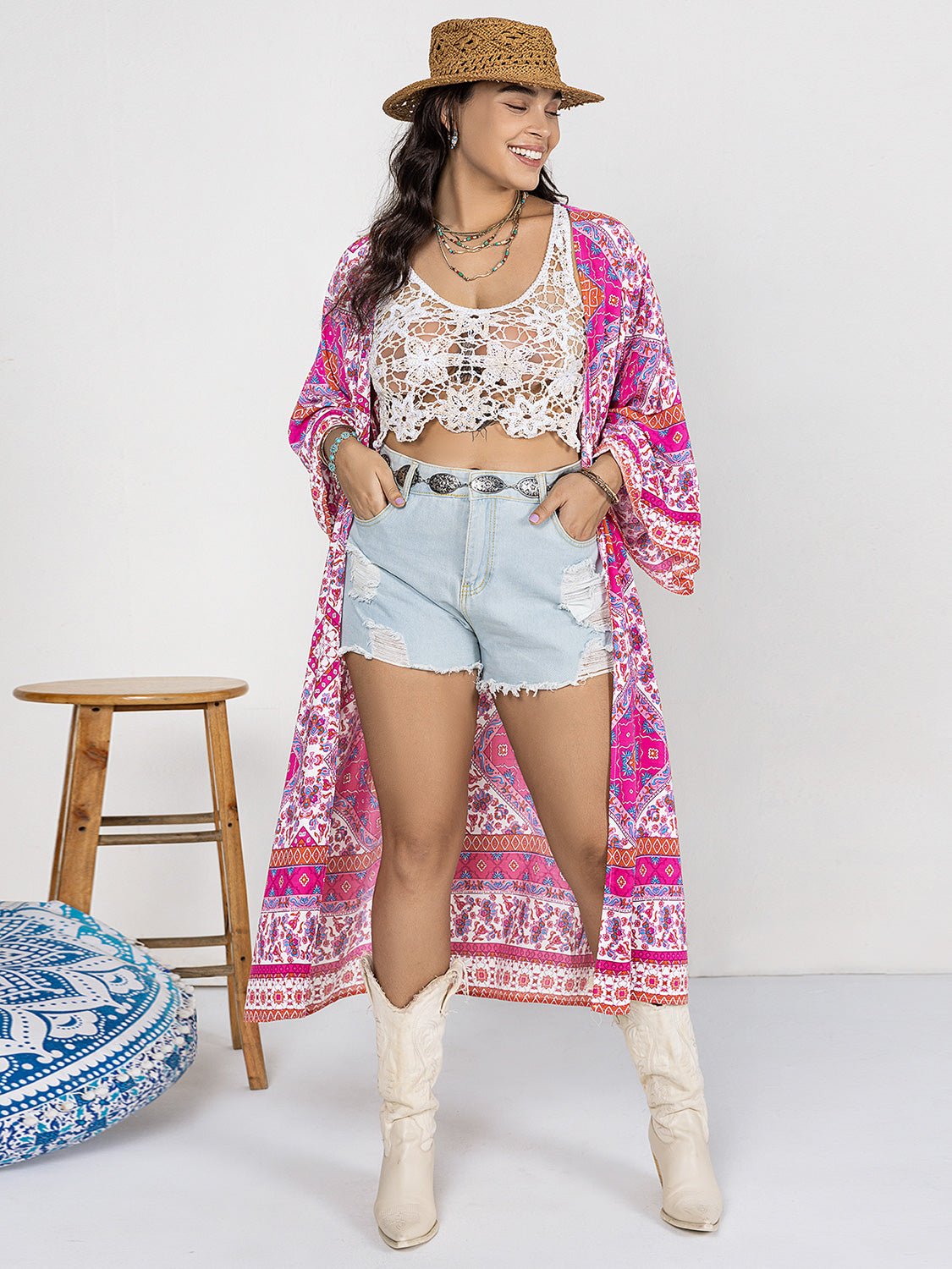 Beach Rose Co. - Plus Size Floral Print Open Front Longline Kimono