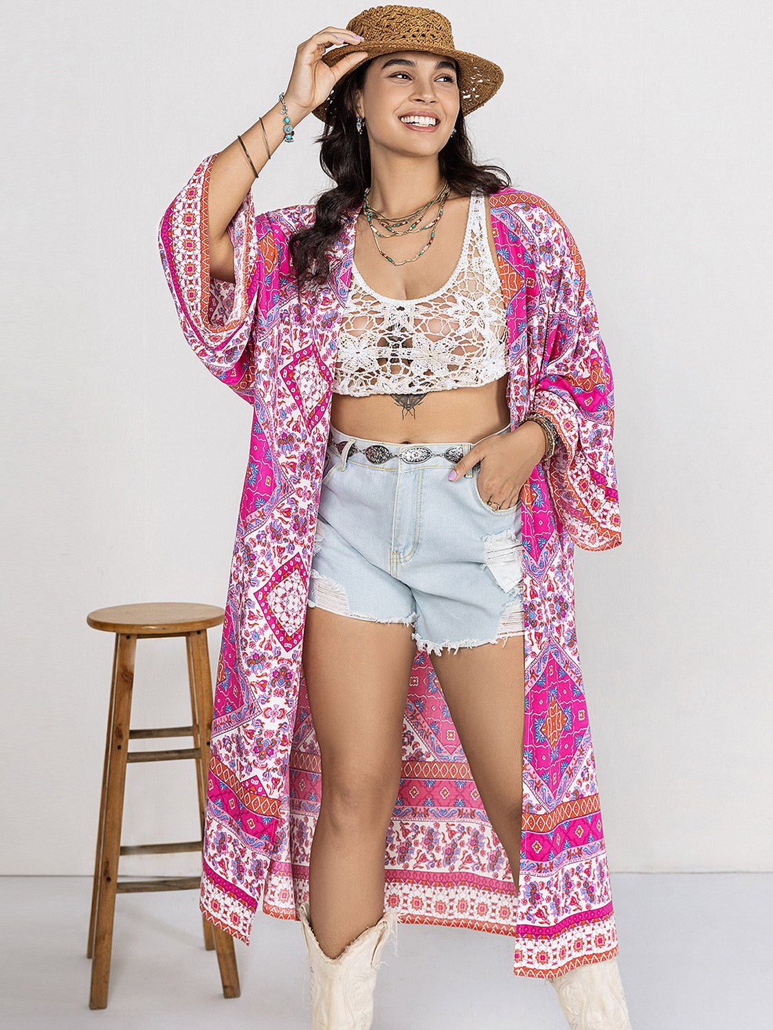 Beach Rose Co. - Plus Size Floral Print Open Front Longline Kimono