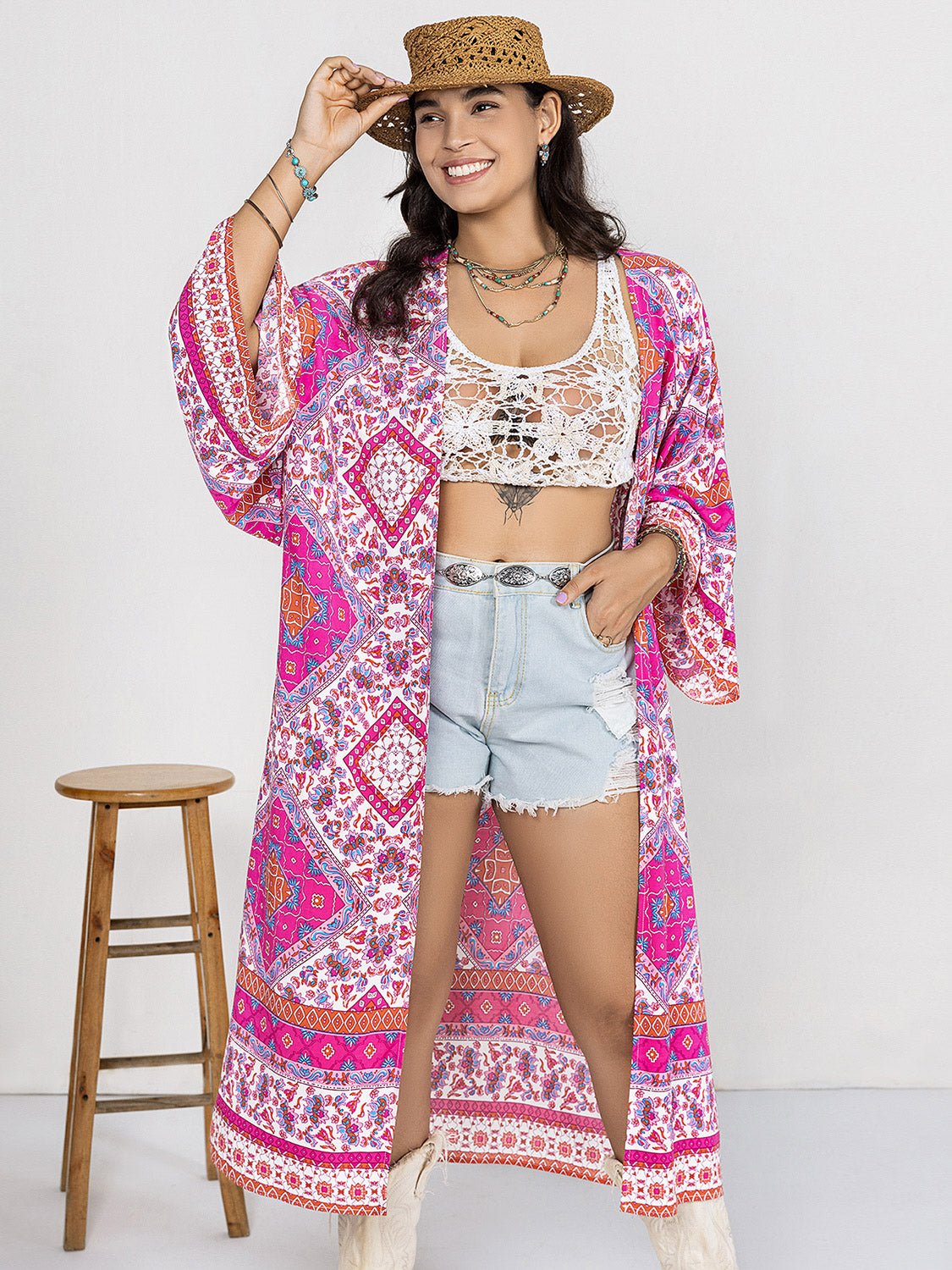 Beach Rose Co. - Plus Size Floral Print Open Front Longline Kimono