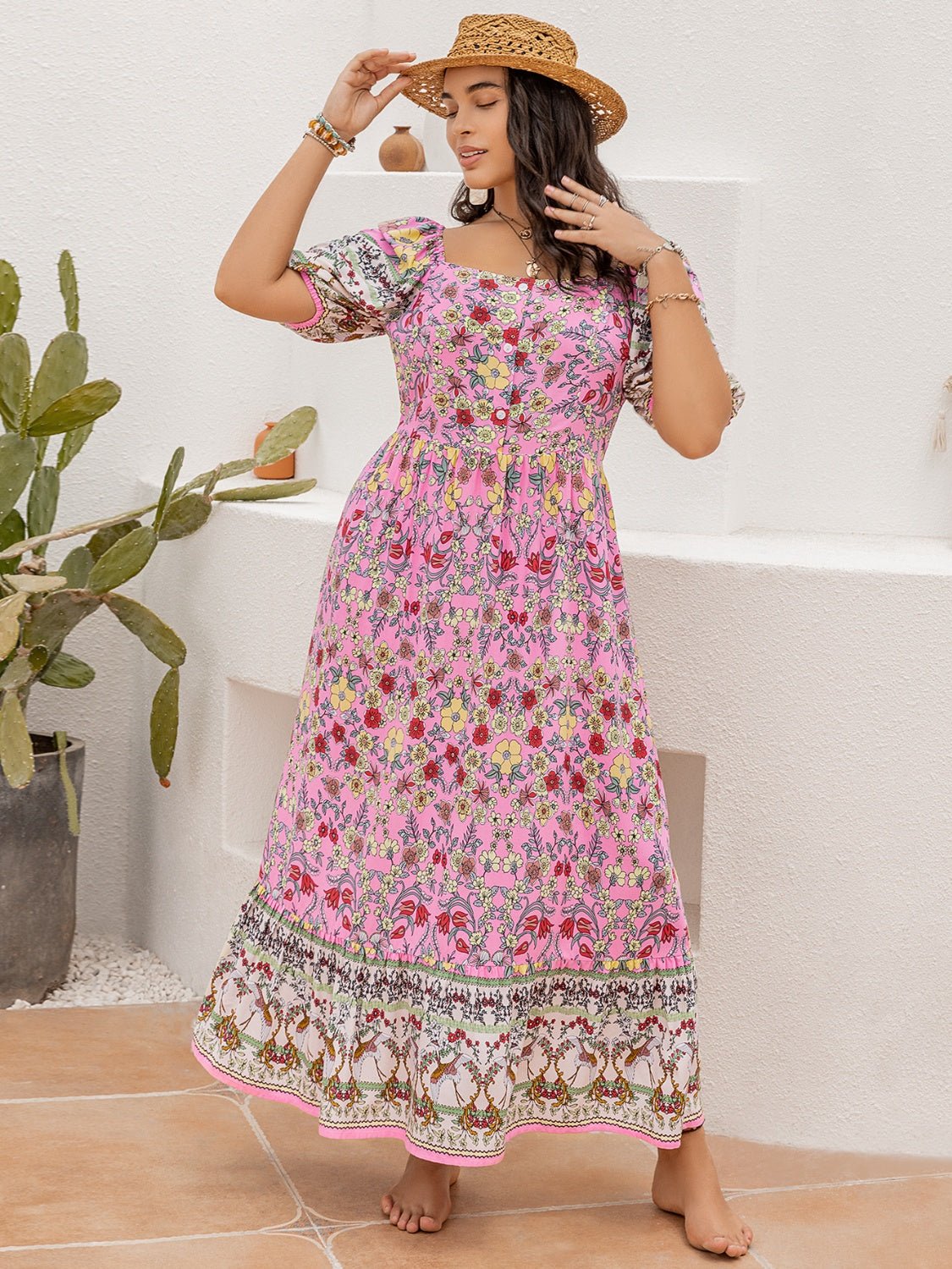 Beach Rose Co. - Plus Size Floral Print Square Neck Maxi Dress