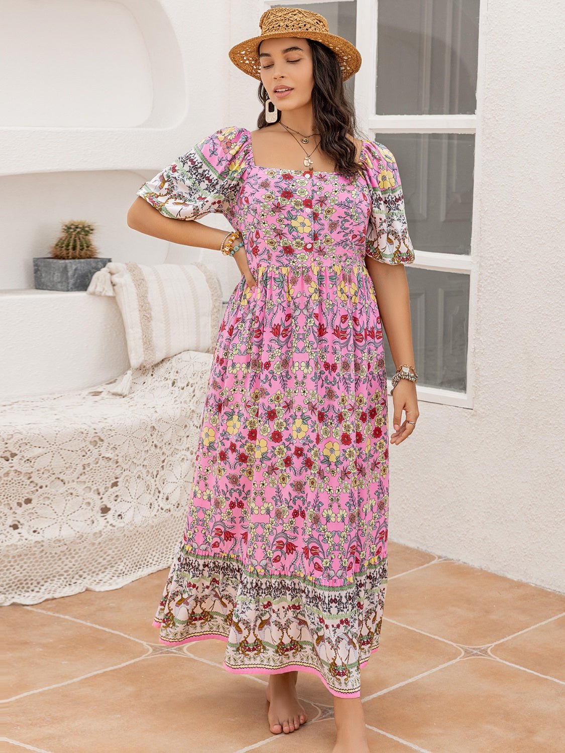 Beach Rose Co. - Plus Size Floral Print Square Neck Maxi Dress