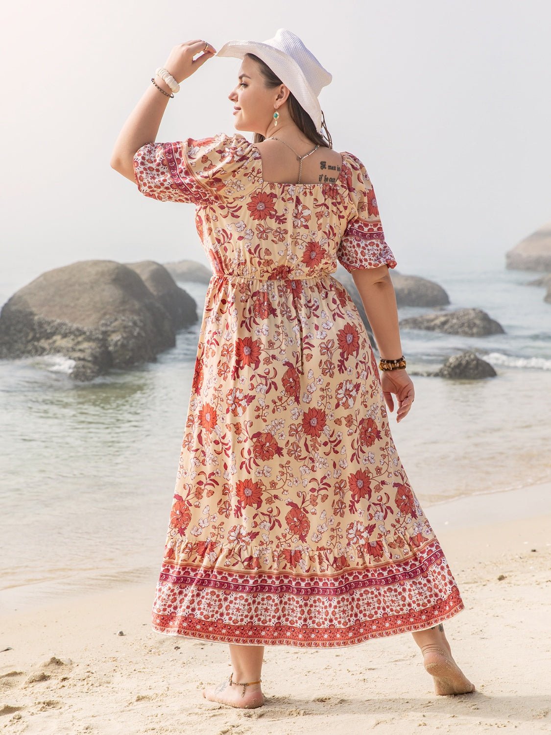 Beach Rose Co. - Plus Size Floral Print Square Neck Maxi Dress