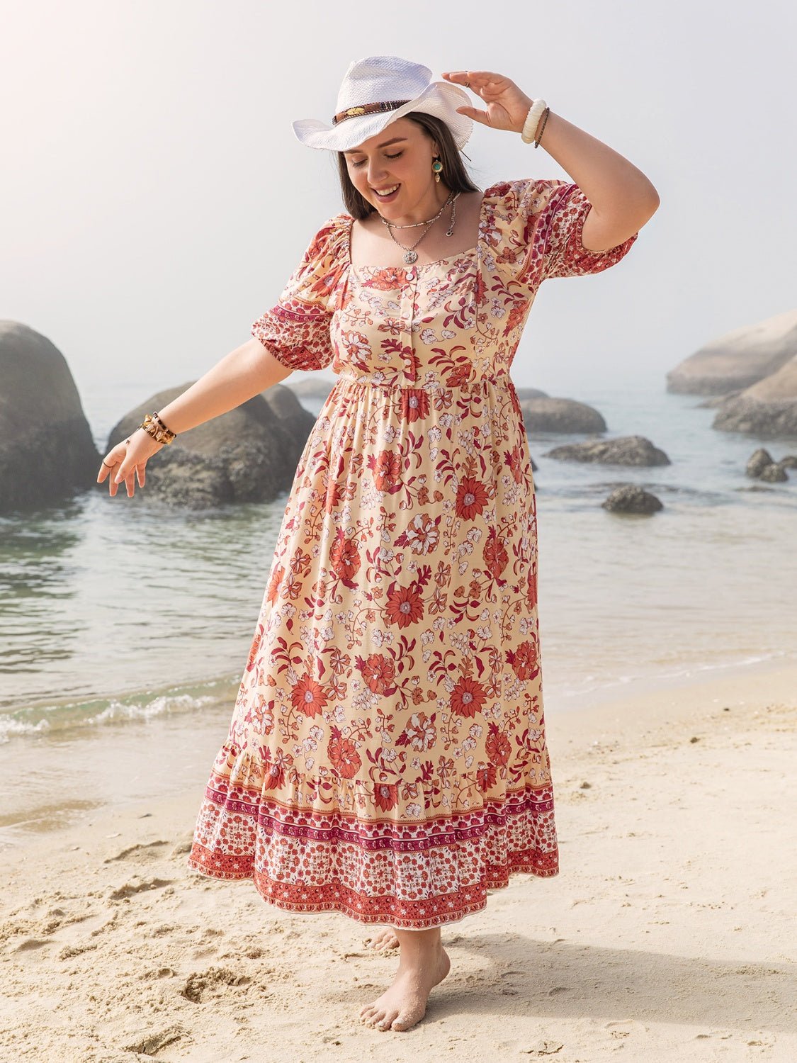 Beach Rose Co. - Plus Size Floral Print Square Neck Maxi Dress