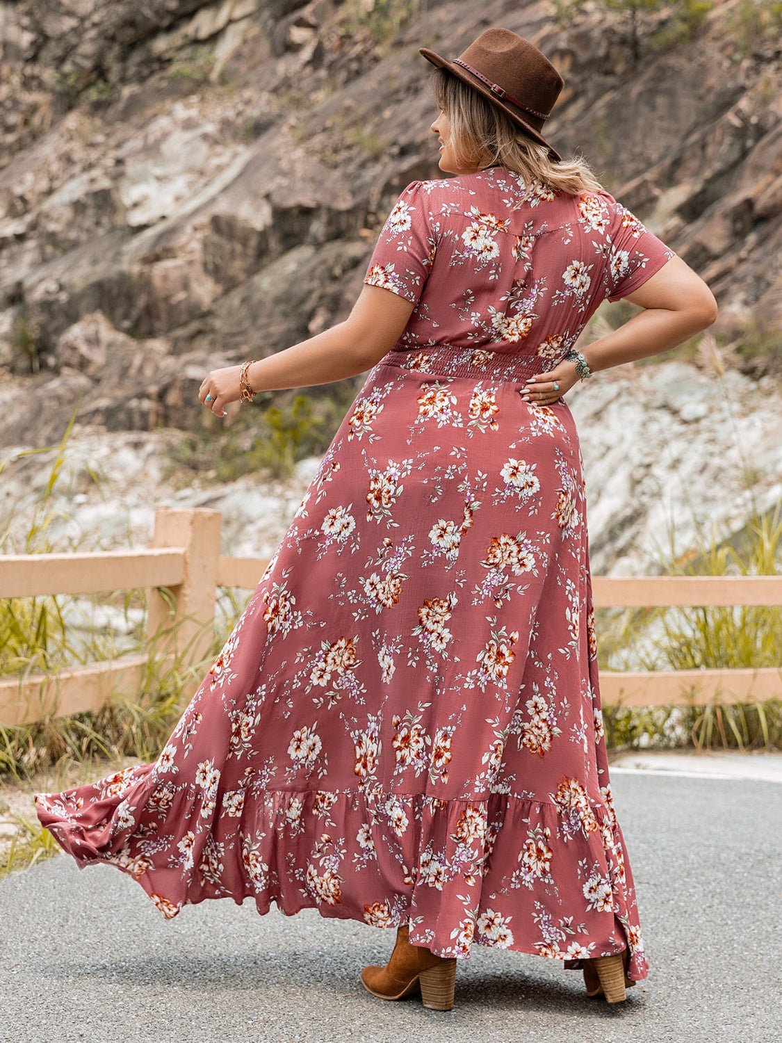 Beach Rose Co. - Plus Size Floral Ruffle Hem Maxi Dress in Burnt Coral