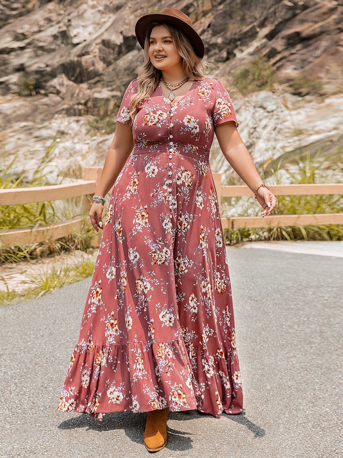 Beach Rose Co. - Plus Size Floral Ruffle Hem Maxi Dress in Burnt Coral