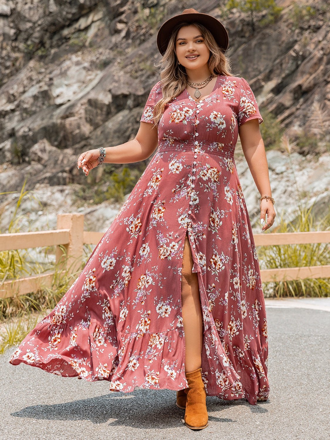 Beach Rose Co. - Plus Size Floral Ruffle Hem Maxi Dress in Burnt Coral