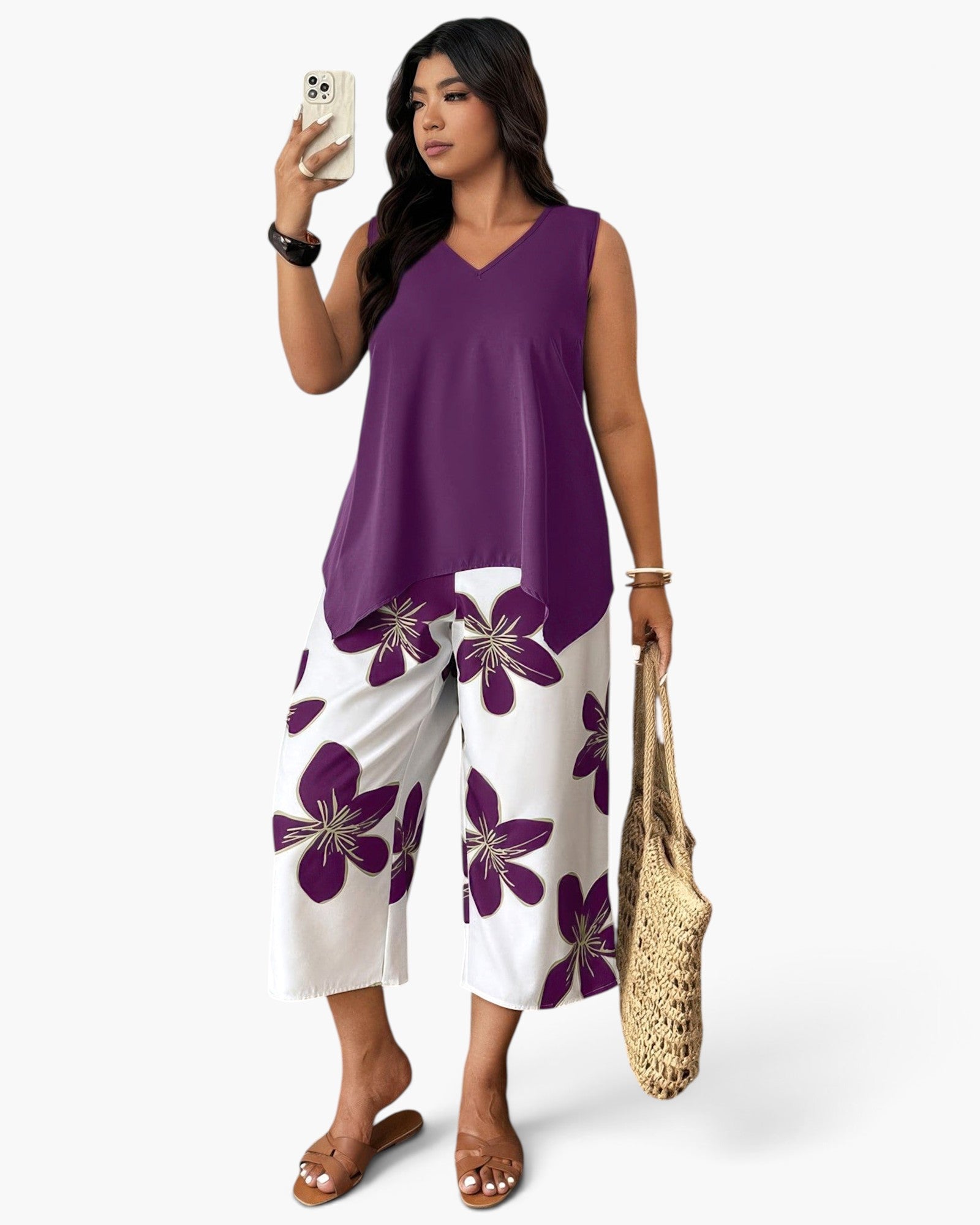 Beach Rose Co. plus size two-piece set featuring a purple sleeveless top and white floral patchwork cropped pants.
