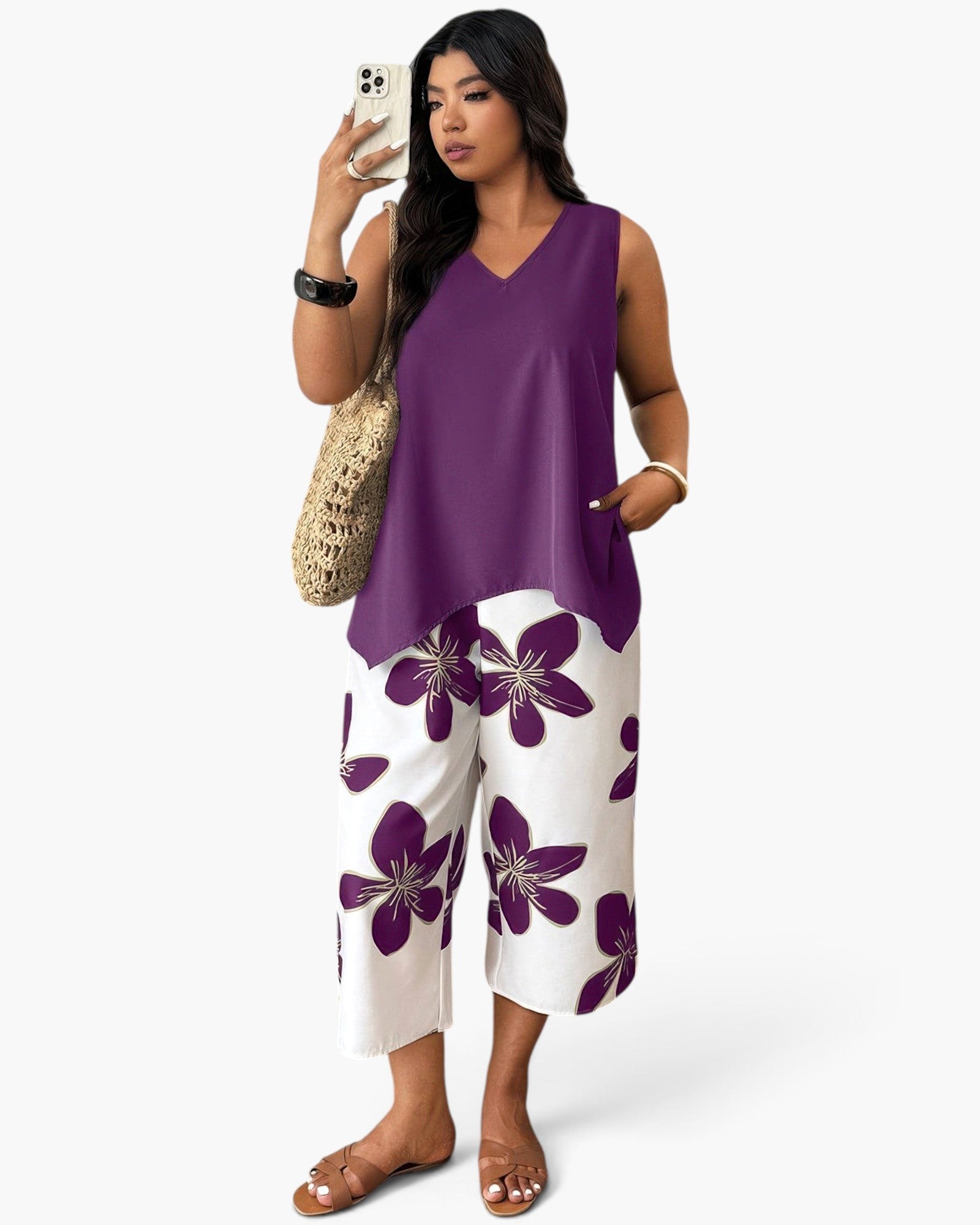 Beach Rose Co. plus size two-piece set featuring a purple sleeveless top and white floral patchwork cropped pants.