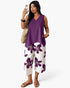 Beach Rose Co. plus size two-piece set featuring a purple sleeveless top and white floral patchwork cropped pants.