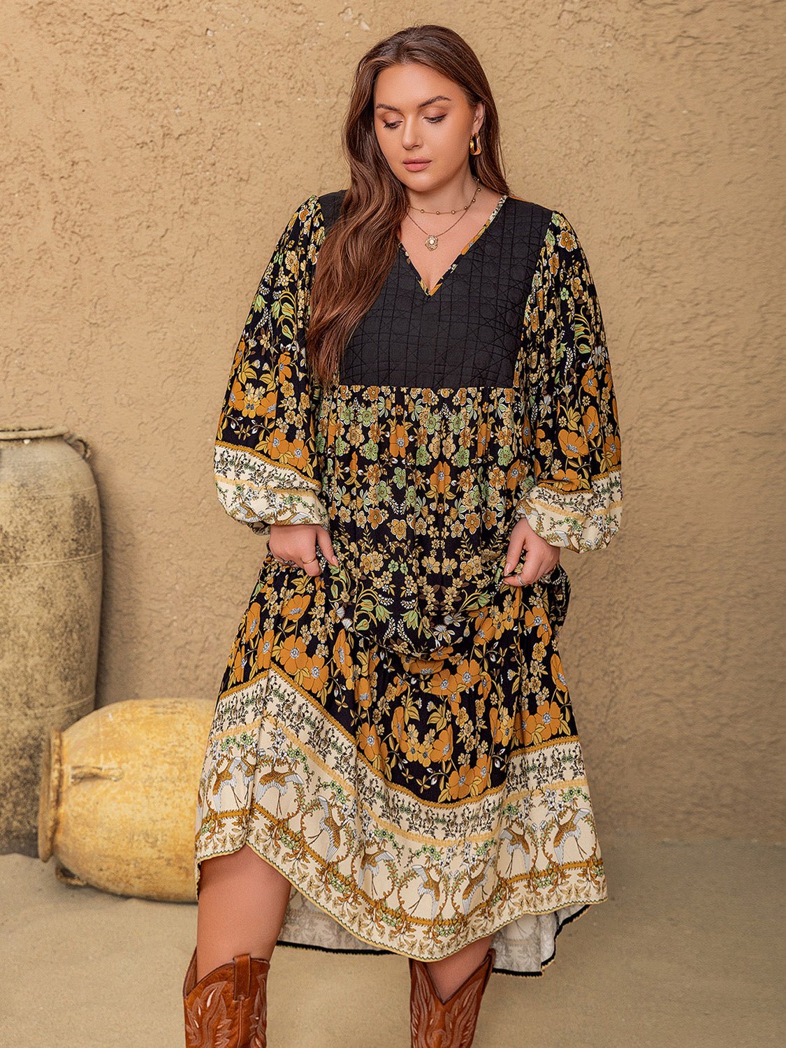 Beach Rose Co. - Plus Size Floral V - Neck Long Sleeve Midi Dress